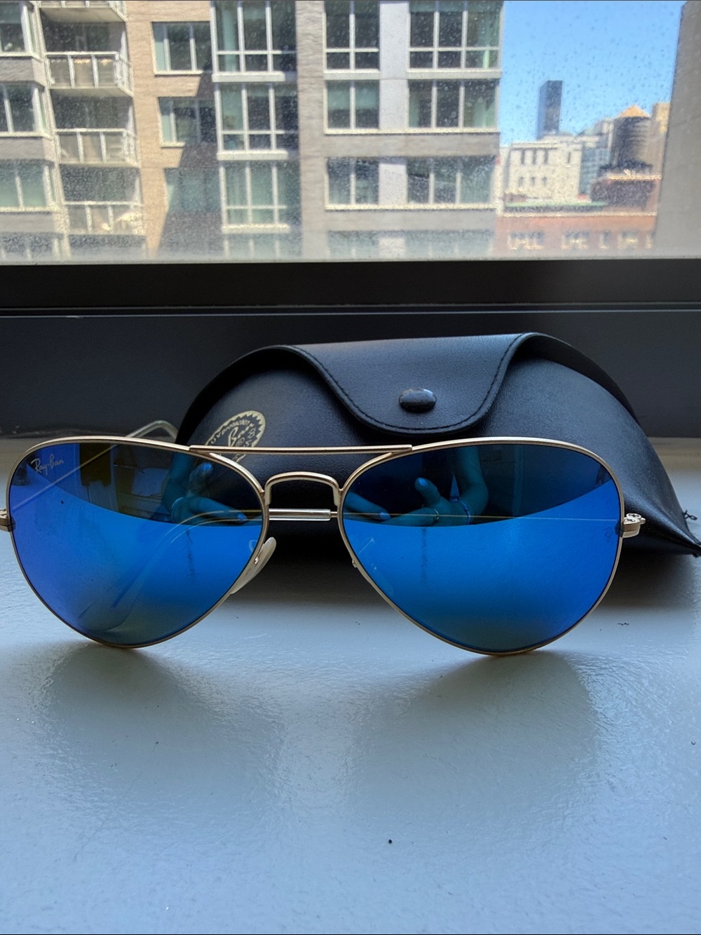 Ray-Ban Aviator Sunglasses with Blue Mirror Lenses and Gold Frame